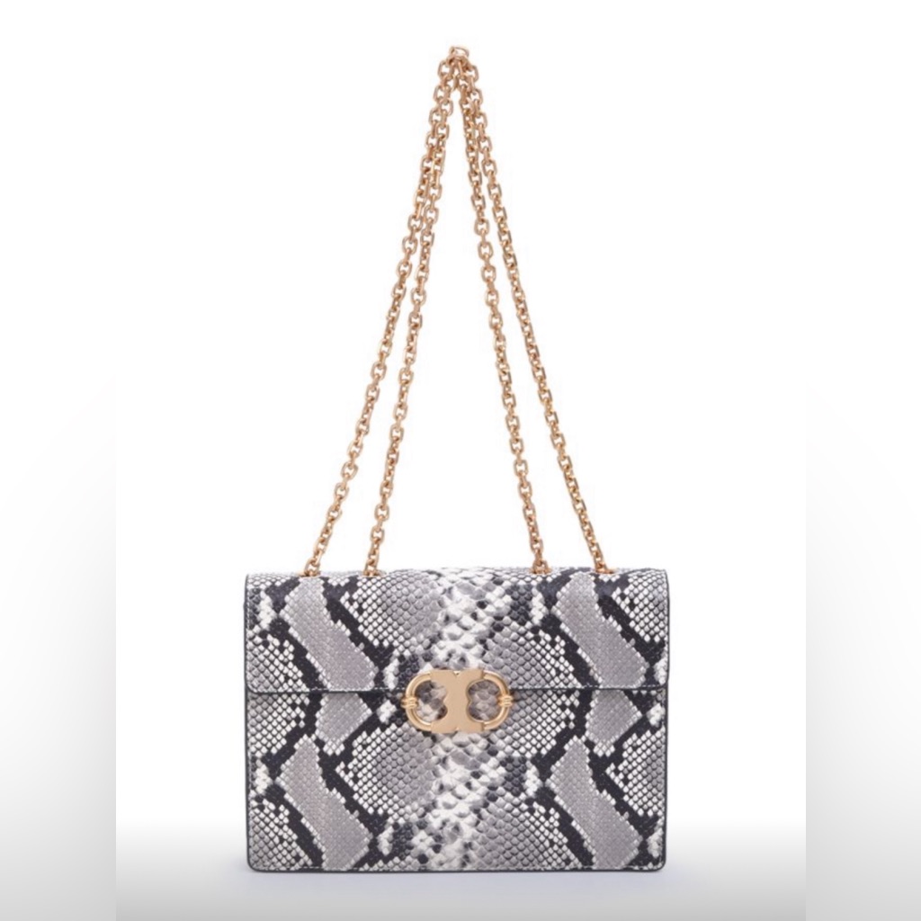 Nwt Luxury Authentic Tory Burch Gemini Link Chain Python Embossed Shoulder Bag